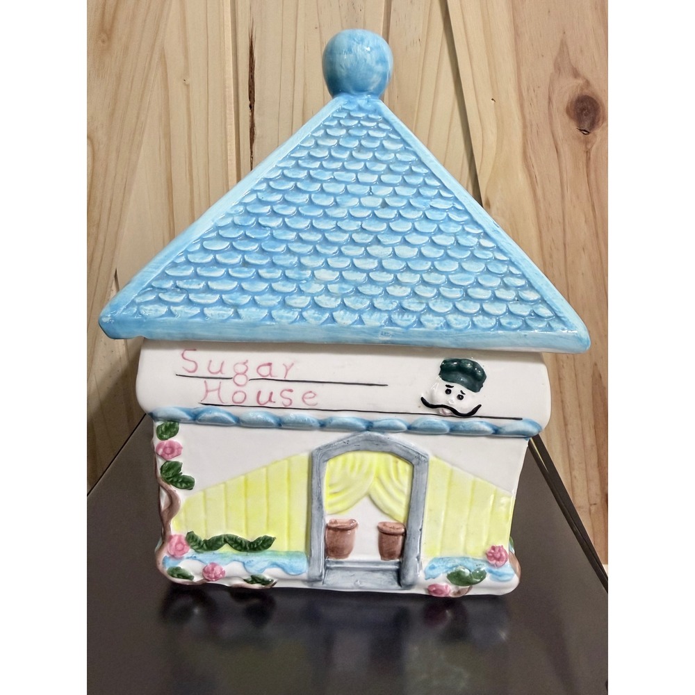 Vintage Sugar House Ceramic Cookie Jar Hand Painted Cottage Blue White Whimsical